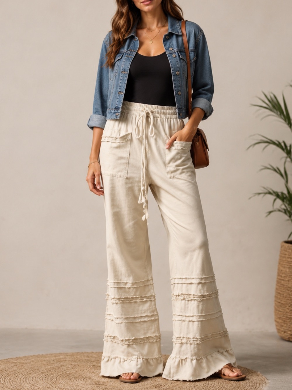 Bohemela Plus Size Casual Solid Color Ruffle Hem Pants